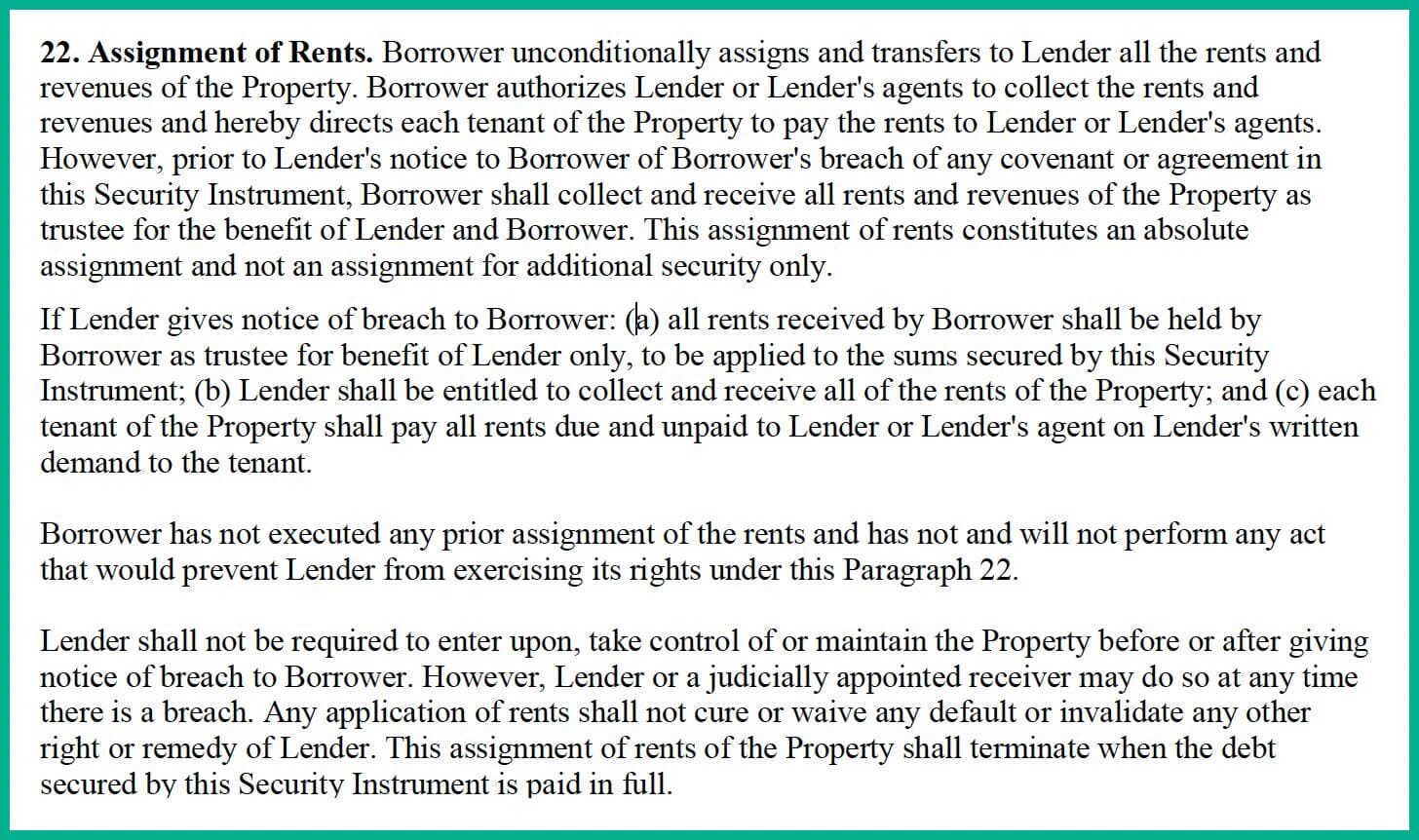 Excerpt from a reverse mortgage agreement showing that the lender has rights to collect rents from the property if the borrower breaches the loan terms.