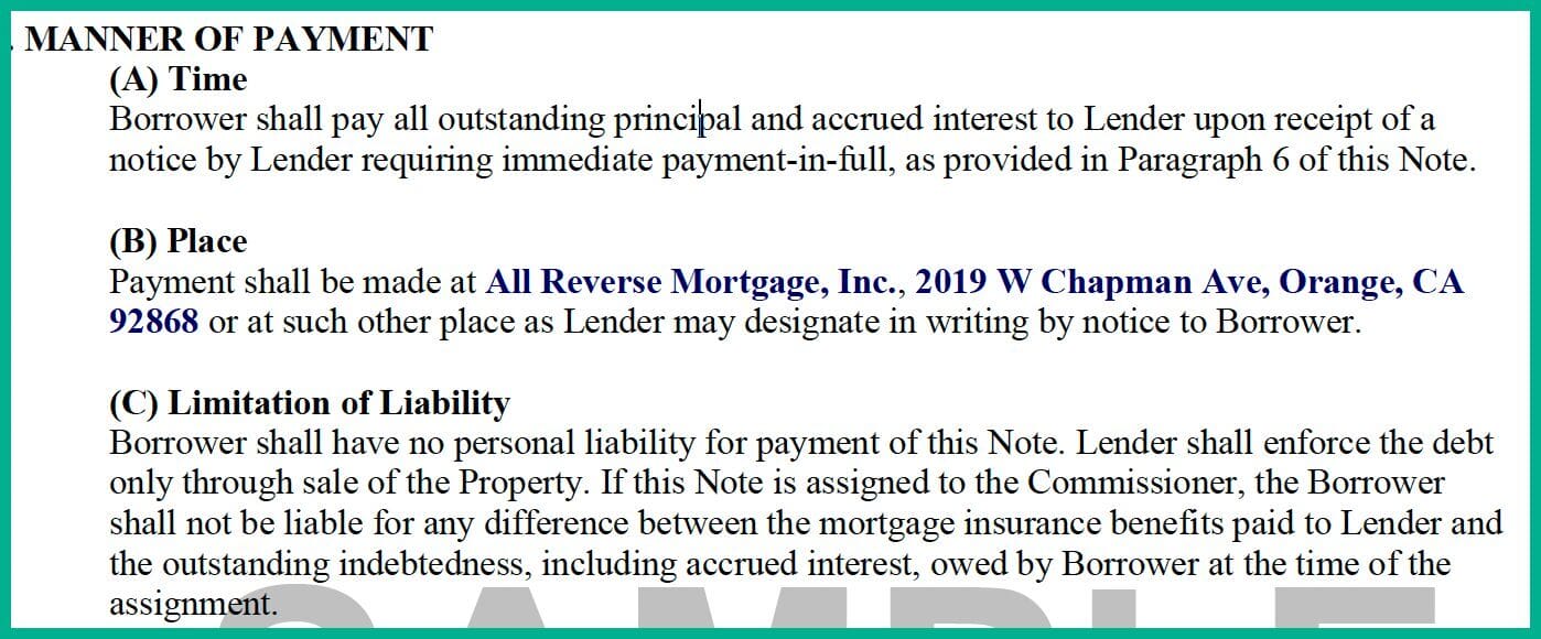 Section of a reverse mortgage promissory note explaining when payments are due, where payments are sent, and that the loan is non-recourse.