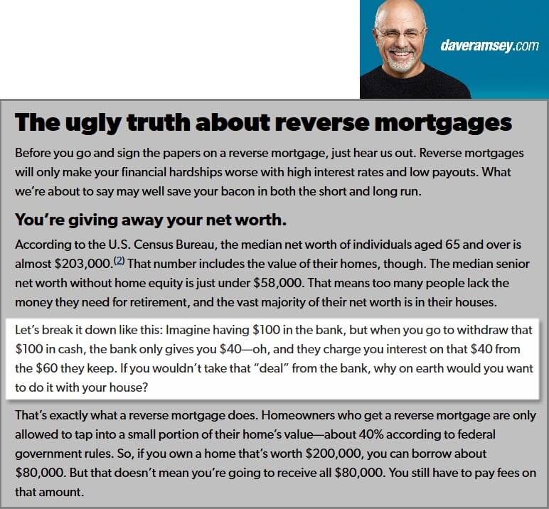 Screenshot of Dave Ramsey Article on Reverse Mortgages