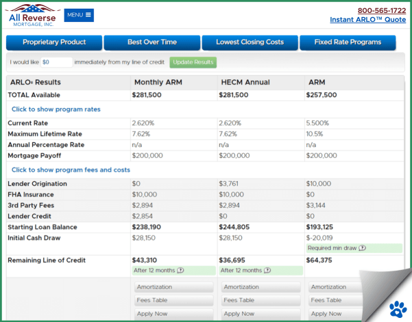 Screenshot of ARLO Free Reverse Mortgage Calculator