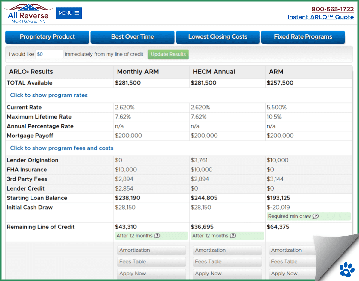 Screenshot of ARLO Free Reverse Mortgage Calculator