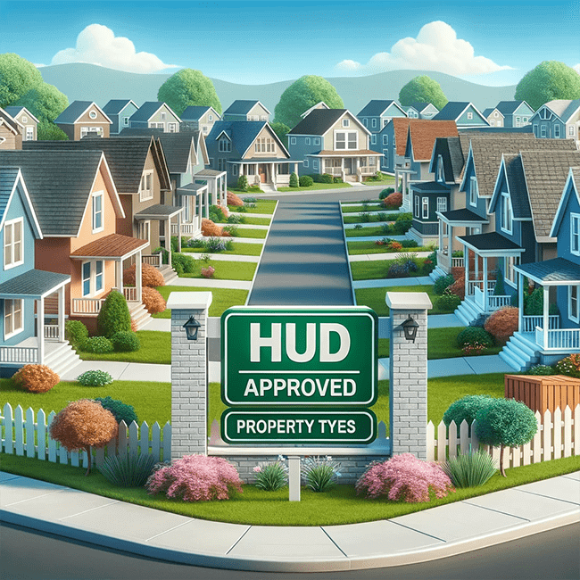 Picture of neighborhood with sign that says "HUD approved property types"