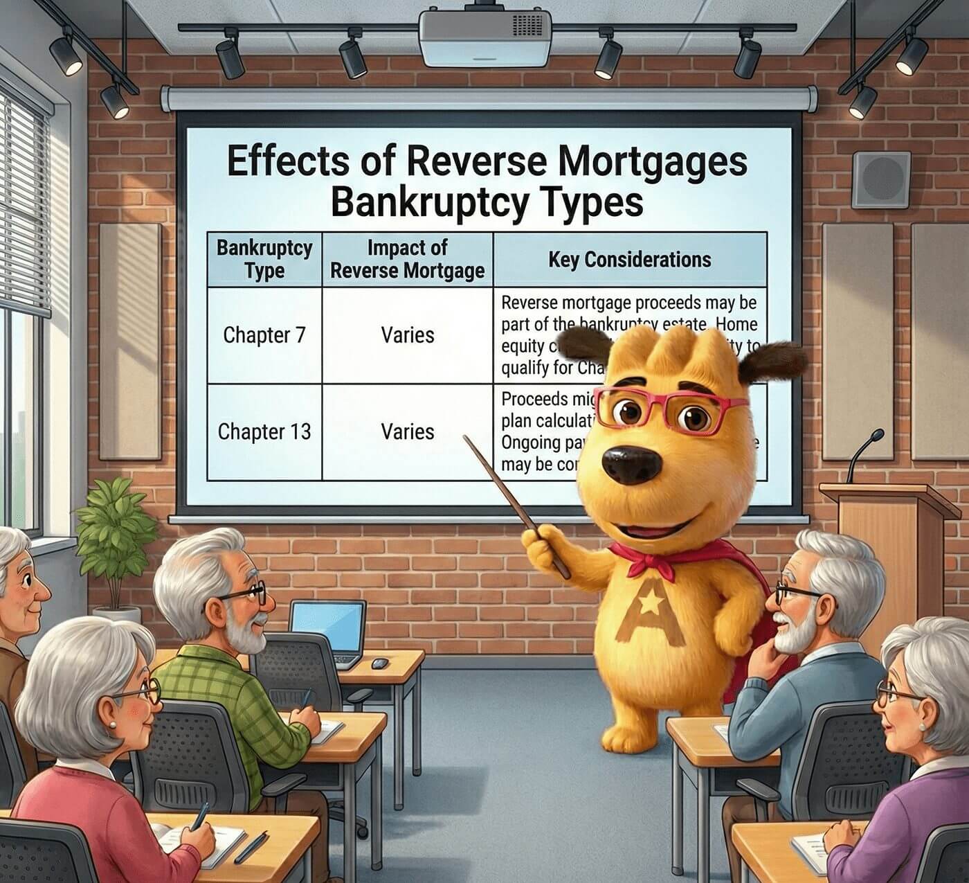Illustration showing a classroom presentation explaining how bankruptcy can affect a reverse mortgage, with older homeowners learning about Chapter 7 and Chapter 13 rules.
