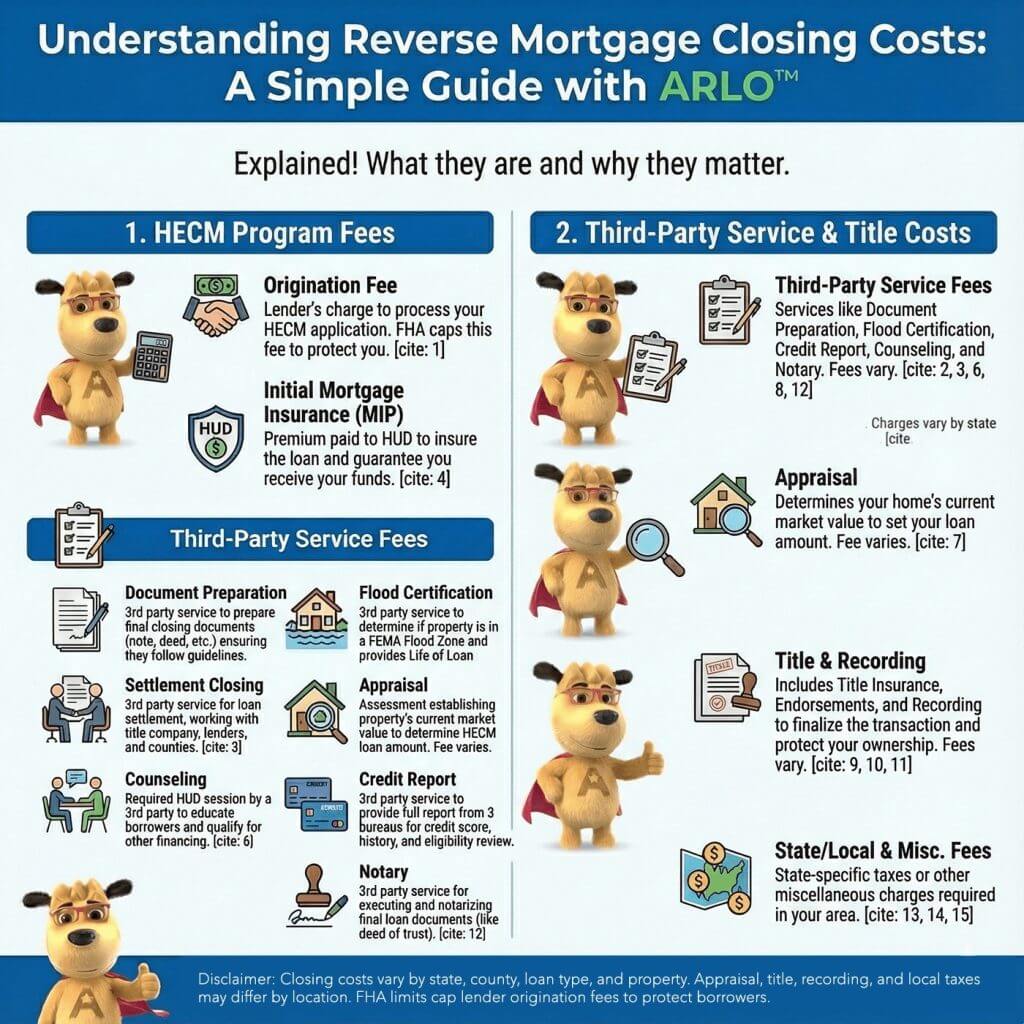 Infographic explaining reverse mortgage closing costs, including HECM fees, third party services, appraisal, title, recording, and state specific charges, illustrated with ARLO.