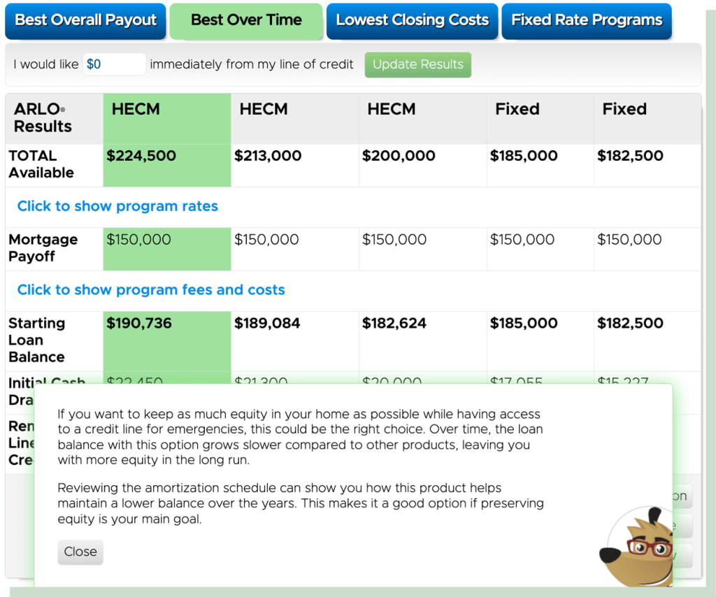 Screenshot shows ARLO displaying side-by-side amortization schedule comparisons