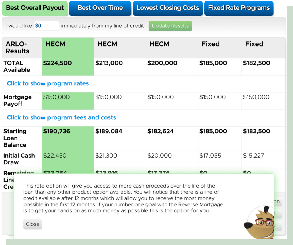 Screenshot shows ARLO highlighting the highest payout option with credit line details