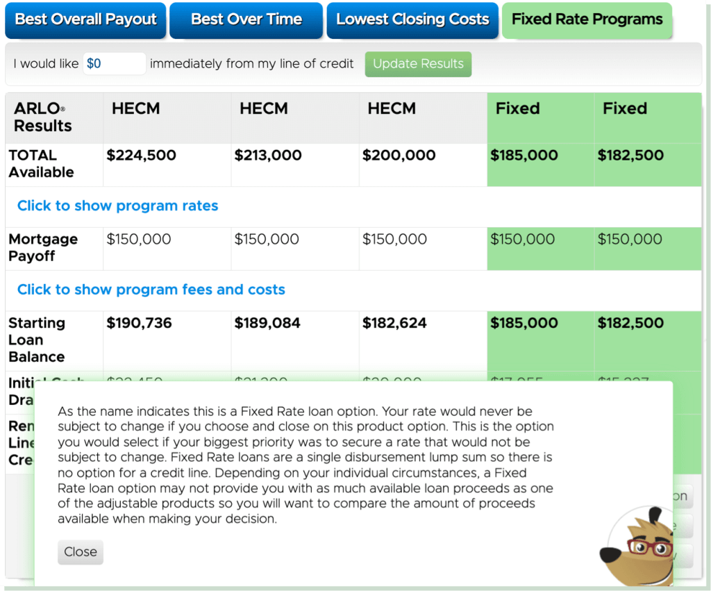Screenshot shows ARLO showcasing the fixed-rate plan and side-by-side proceeds comparison