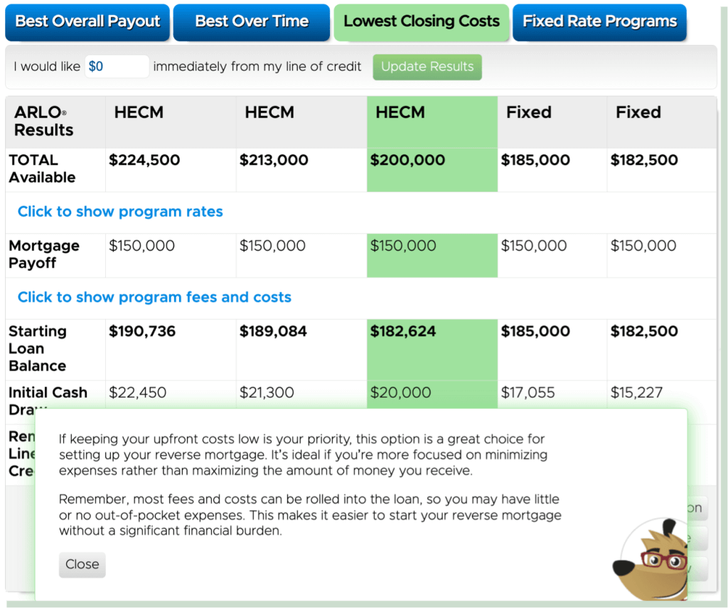 Screenshot shows ARLO highlighting the loan with the lowest total closing costs