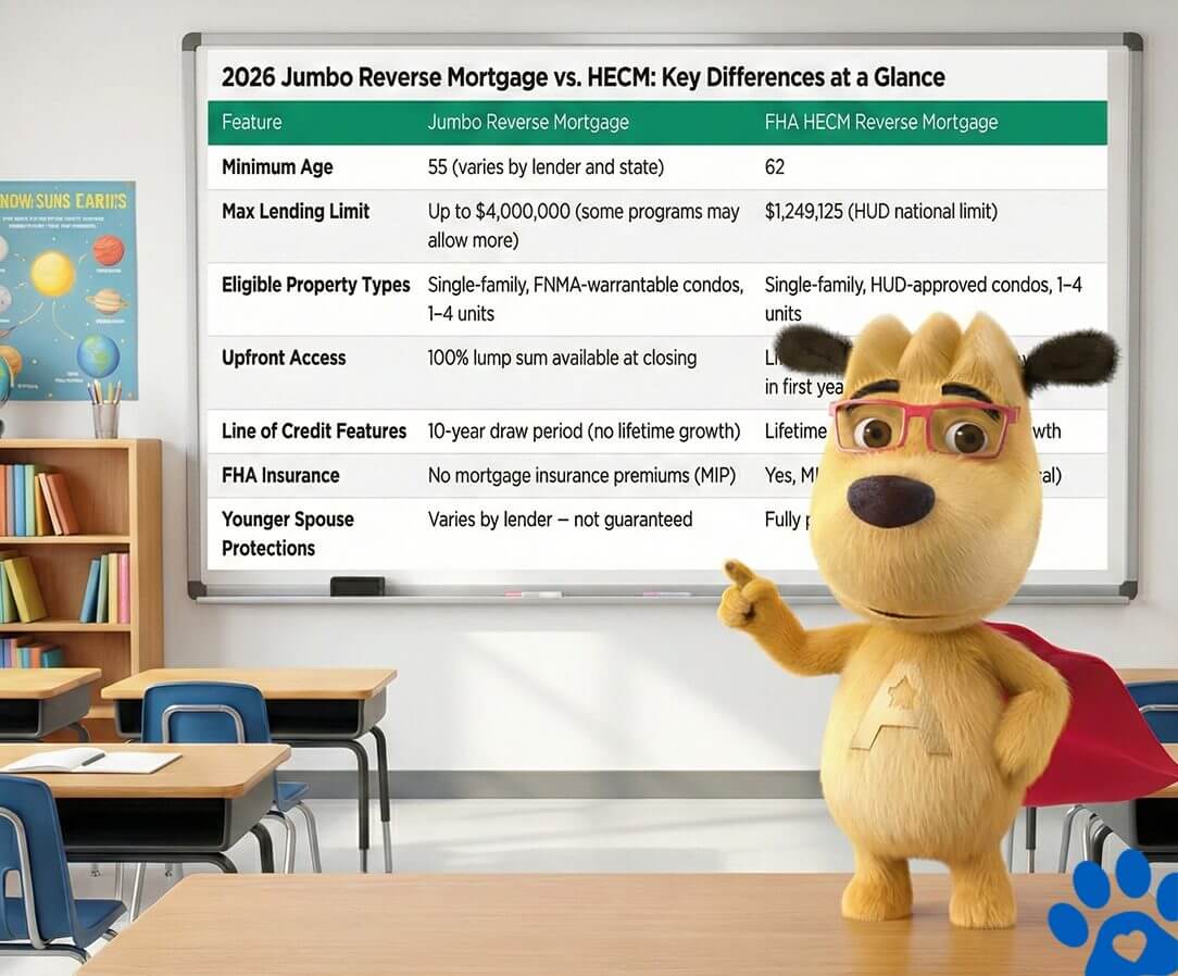 2026 Jumbo Reverse Mortgage vs HECM features, presented on a classroom whiteboard with a friendly ARLO-style mascot pointing to the key differences.