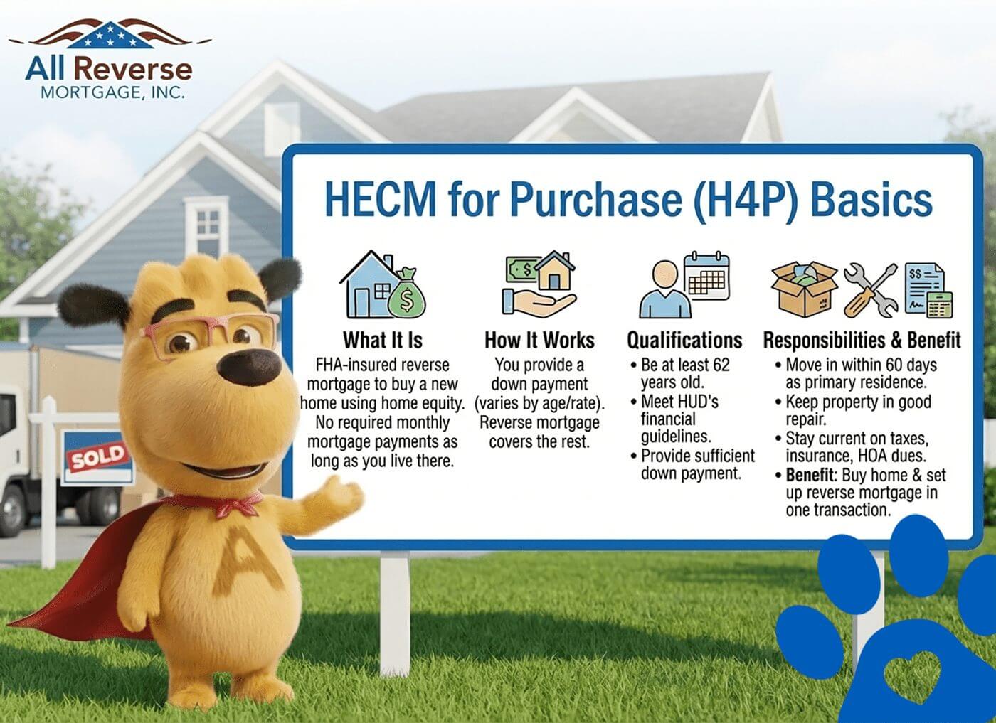 HECM for Purchase basics showing how a reverse mortgage can be used to buy a home, including eligibility, down payment, and homeowner responsibilities