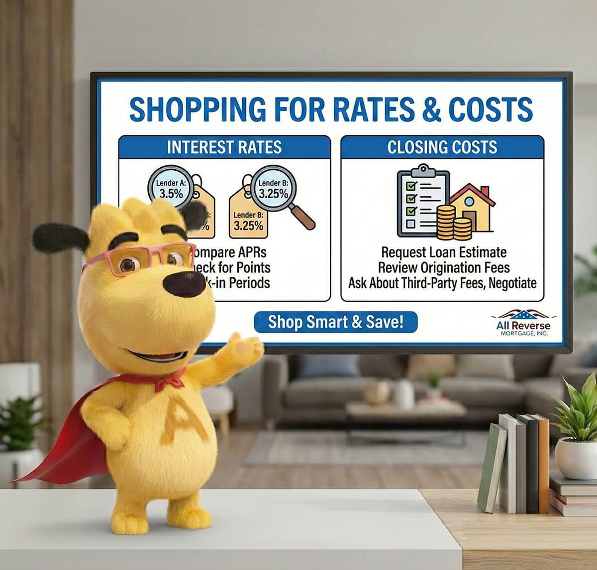 ARLO mascot presenting a guide on shopping for reverse mortgage rates and closing costs, showing how to compare APRs, points, lock-in periods, and review origination and third-party fees.
