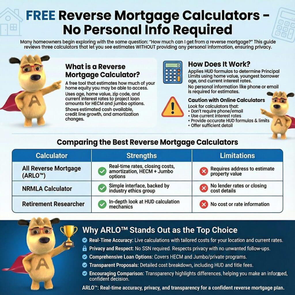 Infographic comparing free reverse mortgage calculators that show estimates with no personal information, including ARLO, NRMLA, and Retirement Researcher.