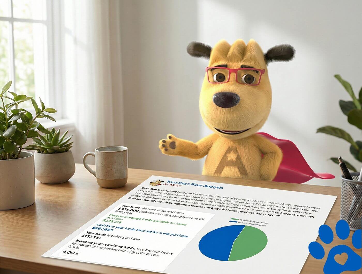Illustration showing a reverse mortgage purchase cash flow analysis with ARLO, displaying how home equity can be used to buy a home without monthly mortgage payments.