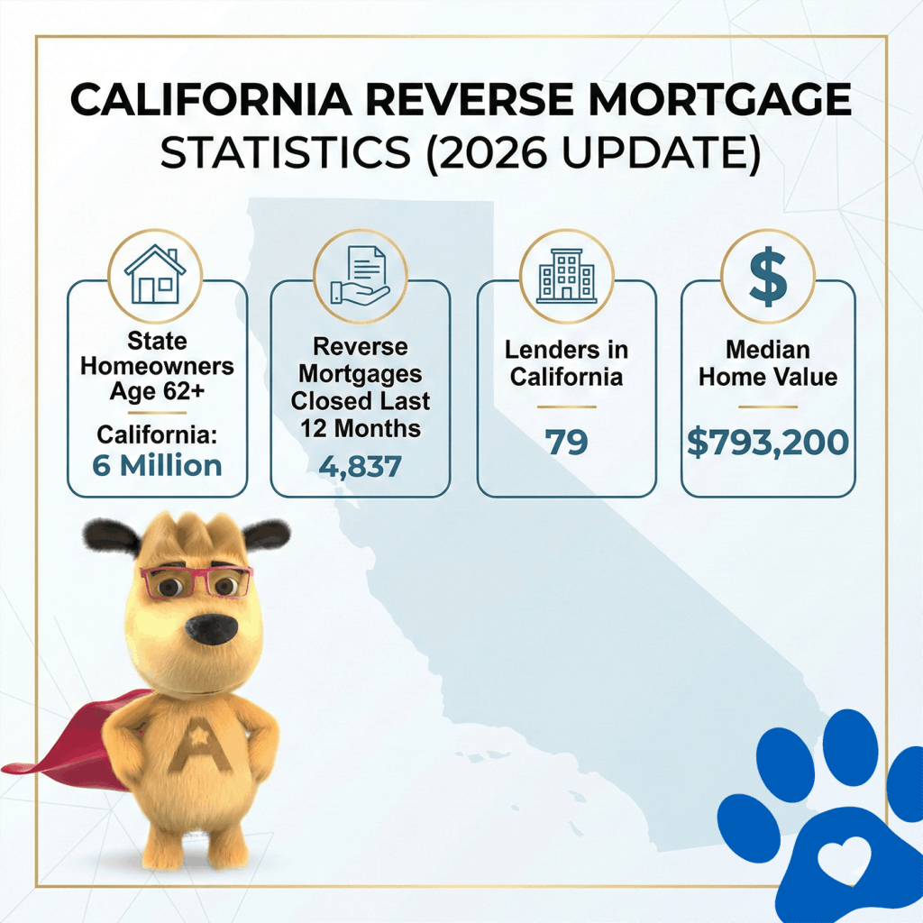 California reverse mortgage statistics infographic showing homeowners age 62 plus, loans closed in the last 12 months, number of lenders, and median home value in California for 2026