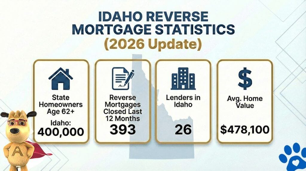 Idaho reverse mortgage statistics for 2026 showing 400,000 homeowners age 62 and older, 393 reverse mortgages closed in the last 12 months, 26 active lenders, and an average home value of $478,100.