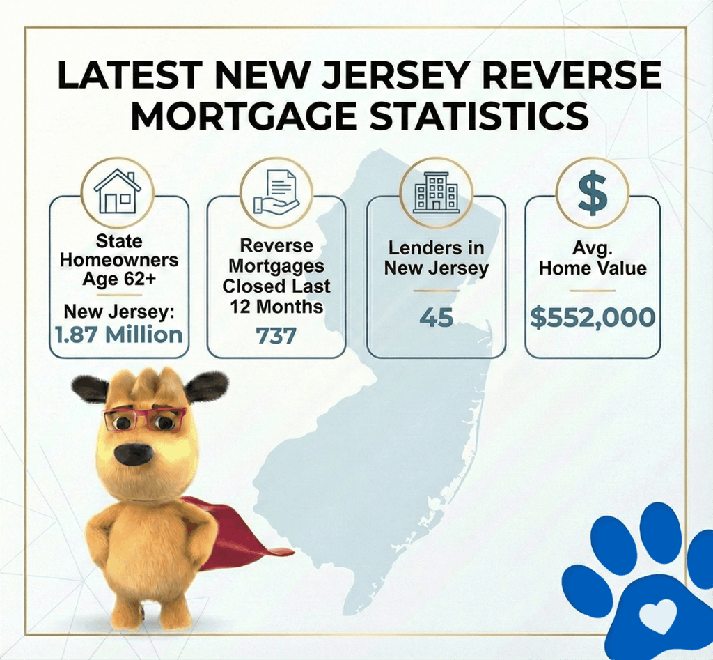 New Jersey reverse mortgage statistics showing 1.87 million homeowners age 62 and older, 737 reverse mortgages closed in the last 12 months, 45 lenders statewide, and an average home value of $552,000