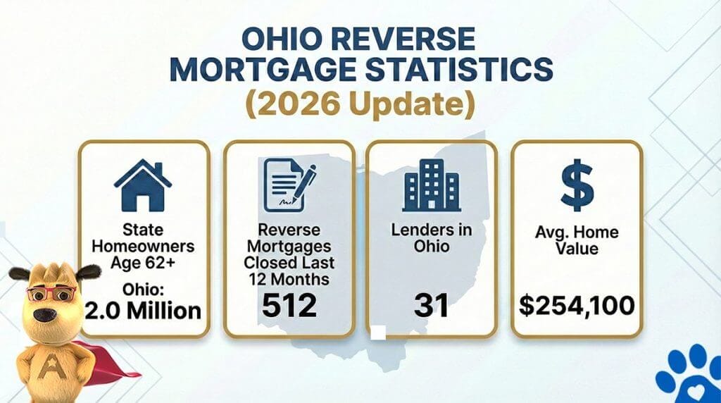 Ohio reverse mortgage statistics for 2026 showing 2.0 million homeowners age 62 and older, 512 reverse mortgages closed in the last 12 months, 31 active lenders, and an average home value of $254,100.