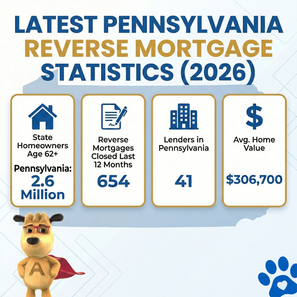 Pennsylvania reverse mortgage statistics for 2026 showing 2.6 million homeowners age 62 and older, 654 reverse mortgages closed last year, 41 lenders statewide, and an average home value of $306,700.