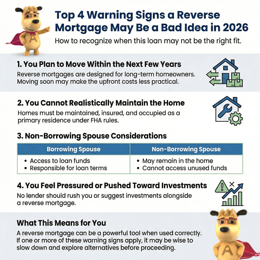 Infographic showing four warning signs a reverse mortgage may be a bad idea, including planning to move soon, difficulty maintaining the home, a non-borrowing spouse, and feeling pressured toward investments.