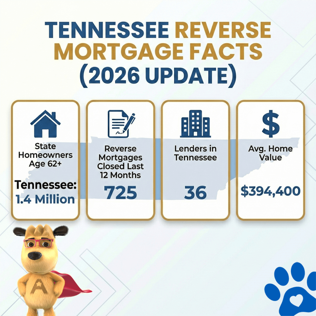 Tennessee reverse mortgage statistics for 2026 showing 1.4 million homeowners age 62 and older, 725 reverse mortgages closed in the last 12 months, 36 active lenders, and an average home value of $394,400.