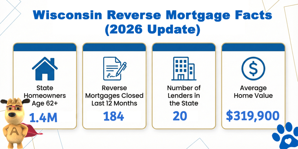 Wisconsin reverse mortgage facts for 2026 showing 1.4 million homeowners age 62 plus, 184 reverse mortgages closed in the last 12 months, 20 lenders statewide, and an average home value of $319,900.